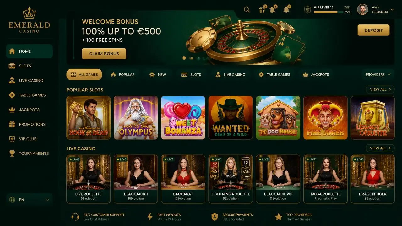 Screenshot of a game grid screen designed and built by Casino Stack Labs, showing slots, live, originals